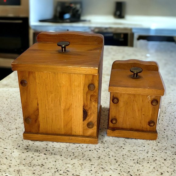 2 Vintage Handmade Wooden Kitchen Canisters Rustic Farmhouse Boho Decor - Picture 1 of 10